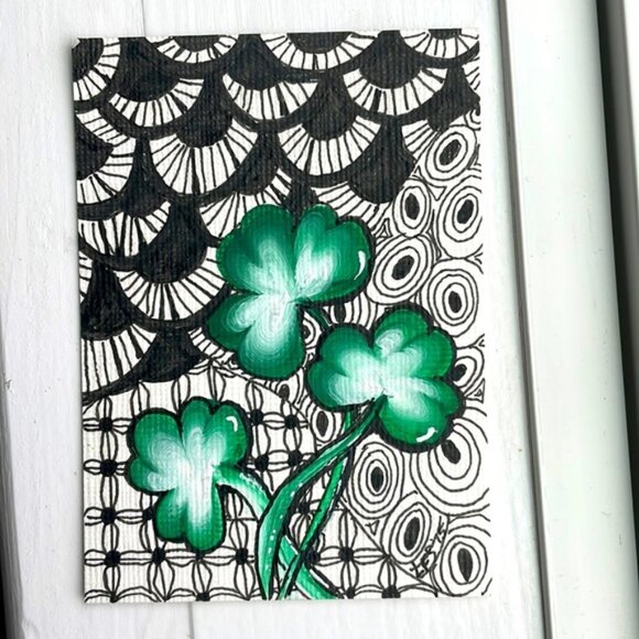 Collectible Original Painting “Zentangled Shamrocks” Mini Art Signed Dated - Picture 1 of 3